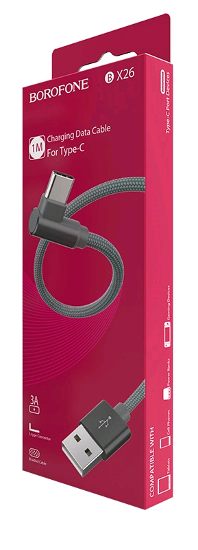Кабель BX26 USB Type-C 1M 3A Г-образный штекер Borofone серый