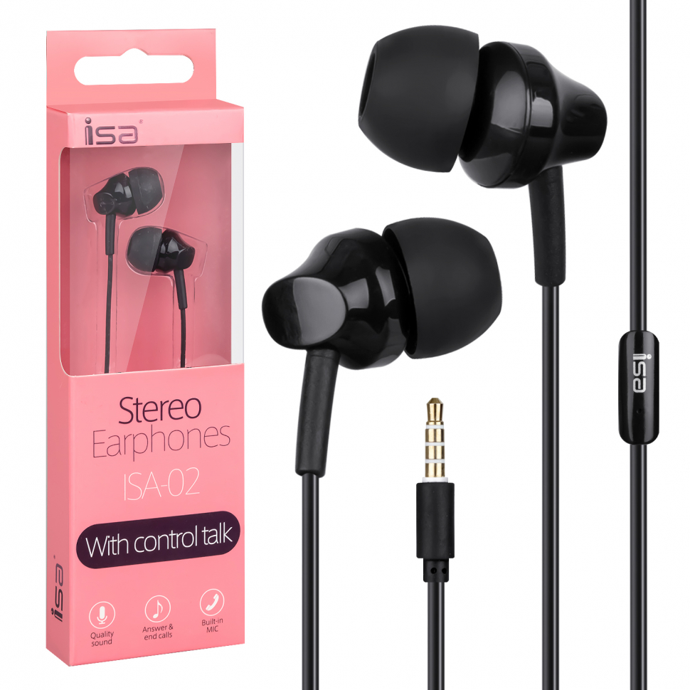 Наушники ISA-02 кнопка ответа и микрофон ISA черные