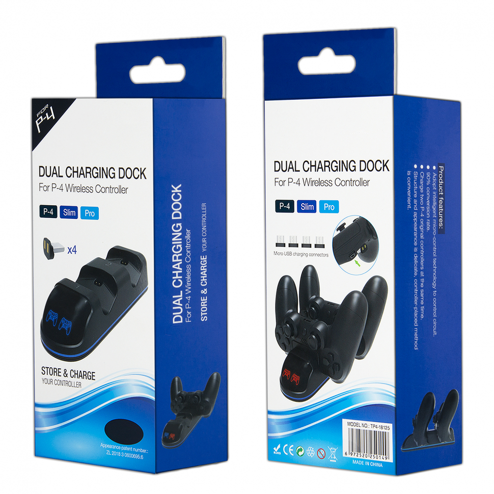 Зарядная станция для двух беспроводных геймпадов Playstation 4 DOBE TP4-18125 (80шт/кор)