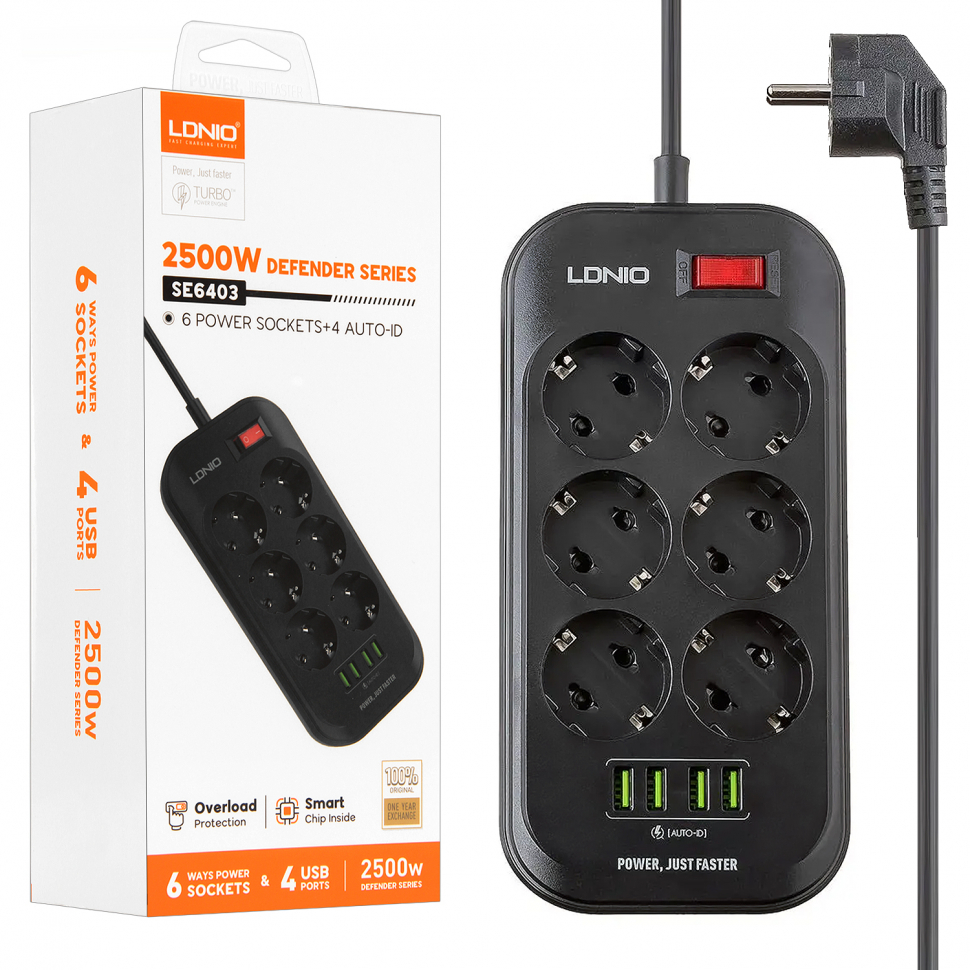 Сетевой фильтр на 6 розеток + 4 USB  SE6403 EU LDNIO (30шт/кор)