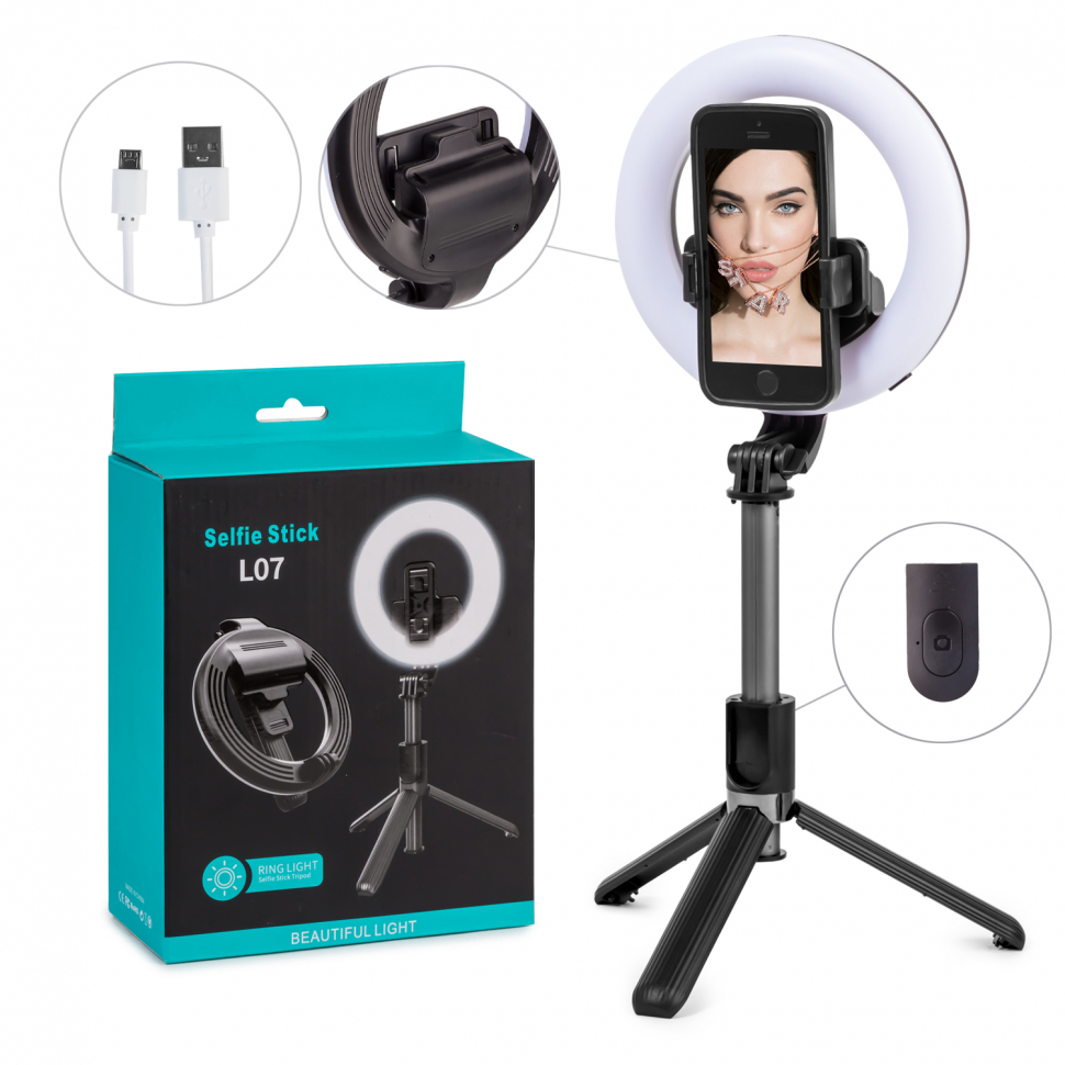 *Селфи кольцо 16См на триподе с пультом Model L07 (1200 mah) батарейка в комплект не входит