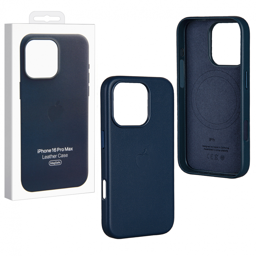 Чехол iPhone 16 Pro Max Leather Case  (MagSafe) c LOGO Blue