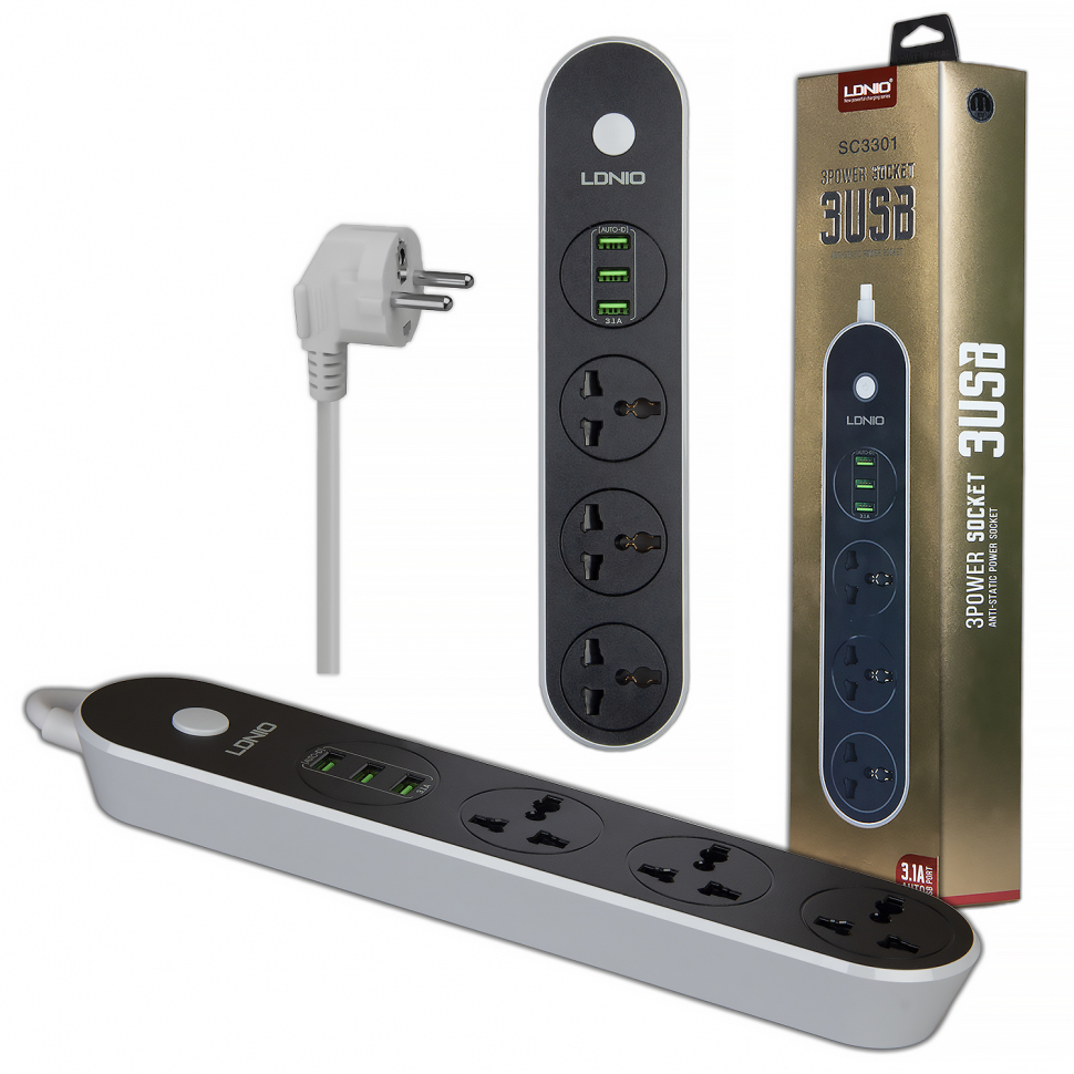 *Сетевой фильтр на 3 розетки + 3 USB 3.1A 1.6M SC3301 LDNIO
