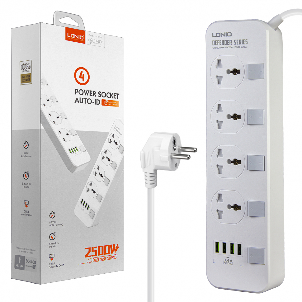 Сетевой фильтр на 4 розетки + 4USB 3.4A 2M SC4408 LDNIO (30шт/кор)