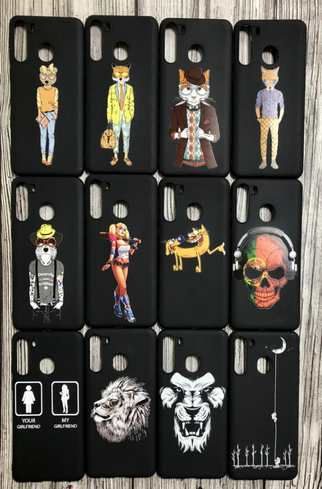 Чехол Samsung A21 TPU 1.0mm матовый черный с принтами в ассортименте