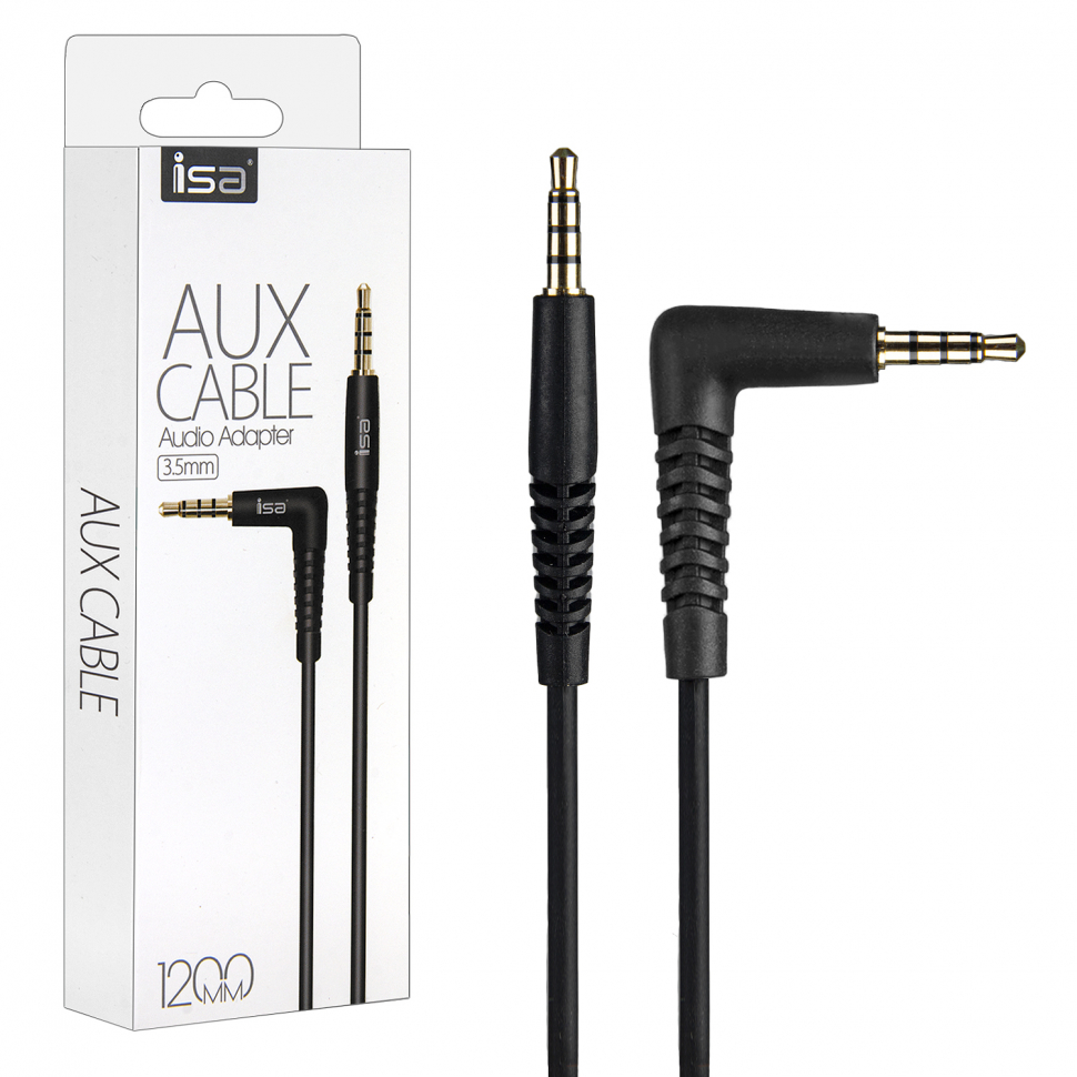 Кабель AUX 1,2M 3,5 на 3,5 Г-образный штекер черный ISA