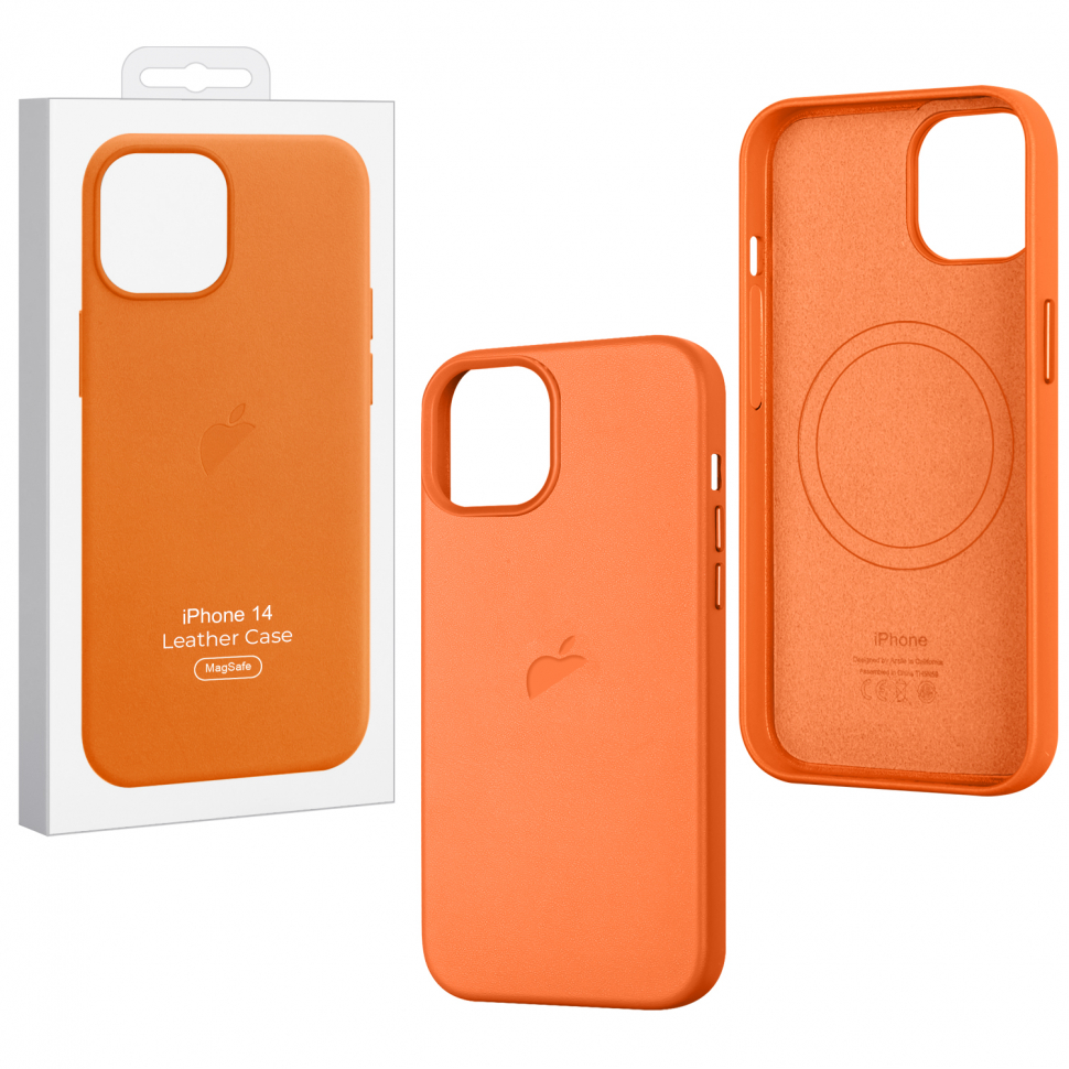 Чехол iPhone 14 Leather Case  Orange (MagSafe) c LOGO