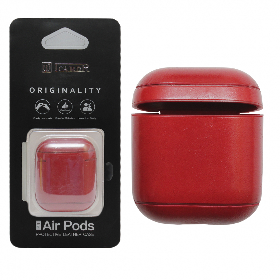 Чехол Airpods 1/2 натуральная кожа с креплением красный