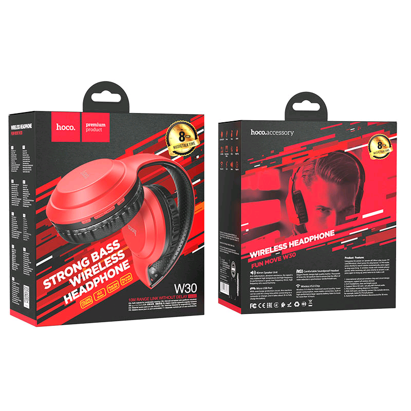 * Наушники W30 Fun беспроводные с микрофоном HOCO красные