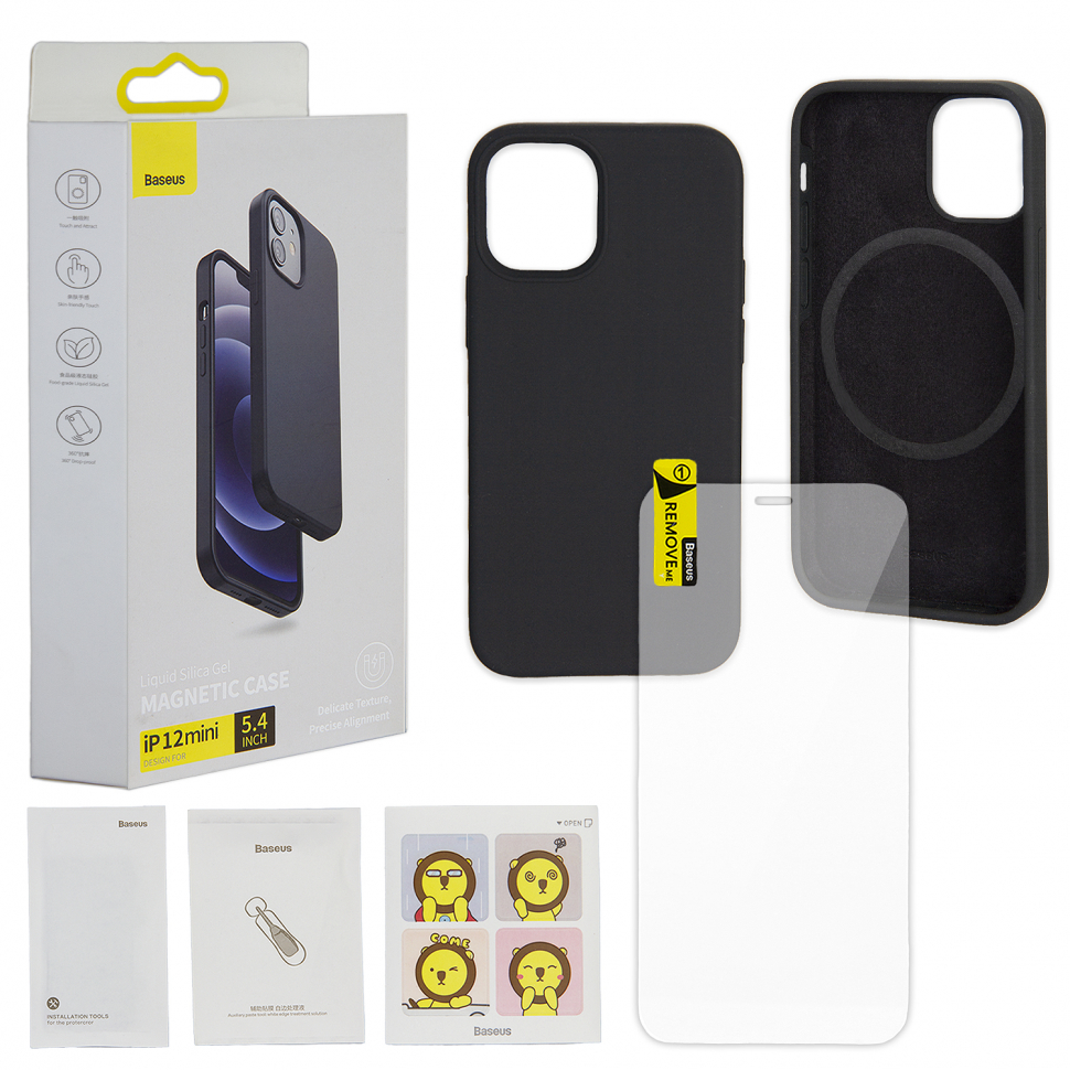 Чехол iPhone 12 Mini Baseus Magnetic Case Black + Glass Clear 0.3mm