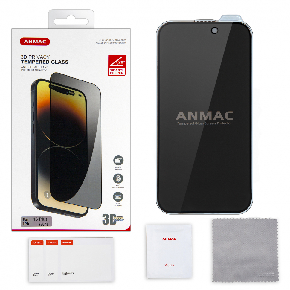 Защитное стекло iPhone 16 Plus (6.7) ANMAC 3D Privacy с сеточкой Арт.1137495