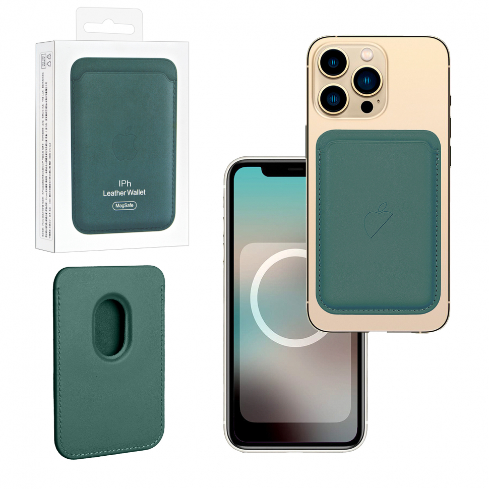 Чехол Leather Wallet Pine Needle Green iPhone 12 - 15 Pro Max (Анимация NFC Clear) с лого