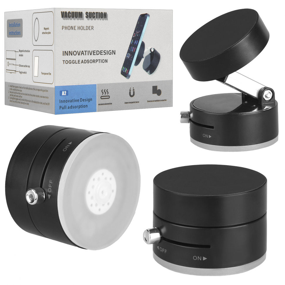 Вакуумный магнитный держатель для телефона A2 черный (200шт/кор)