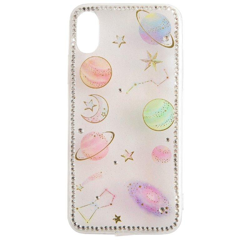 Чехол iPhone XS планеты и со стразами по краям
