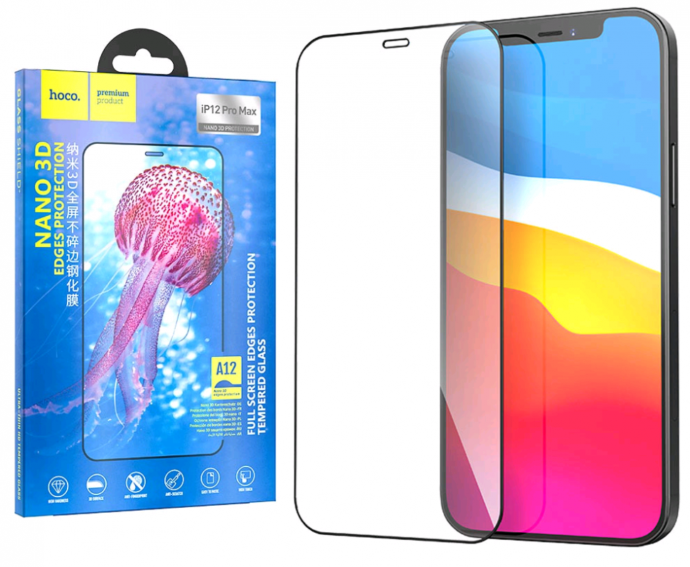 Защитное стекло iPhone 12 Pro Max (6.7) 3D black (A12) HOCO усиленые края