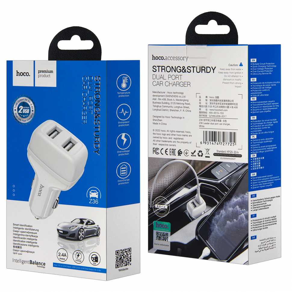 Переходник Z36 АЗУ на 2 USB 2.4A HOCO белый