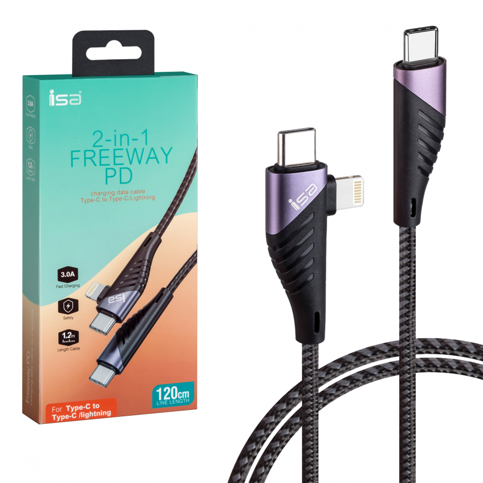 *Кабель 2 в 1 TYPE-C на Type-C/Lightning 3А PD Freeway 1.2м ISA U95 ISA