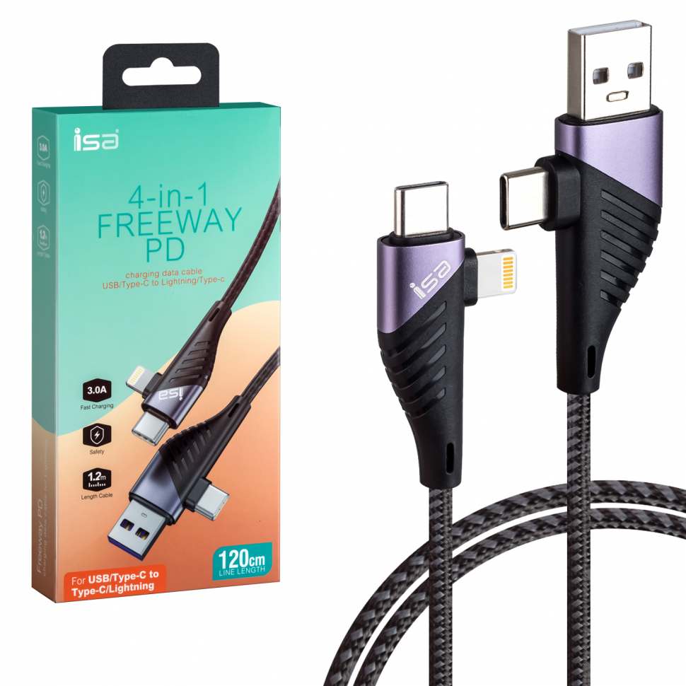 *Кабель 4 в 1 USB/Type-C на Type-C /Lightning 1.2m 3А PD Freeway ISA U95