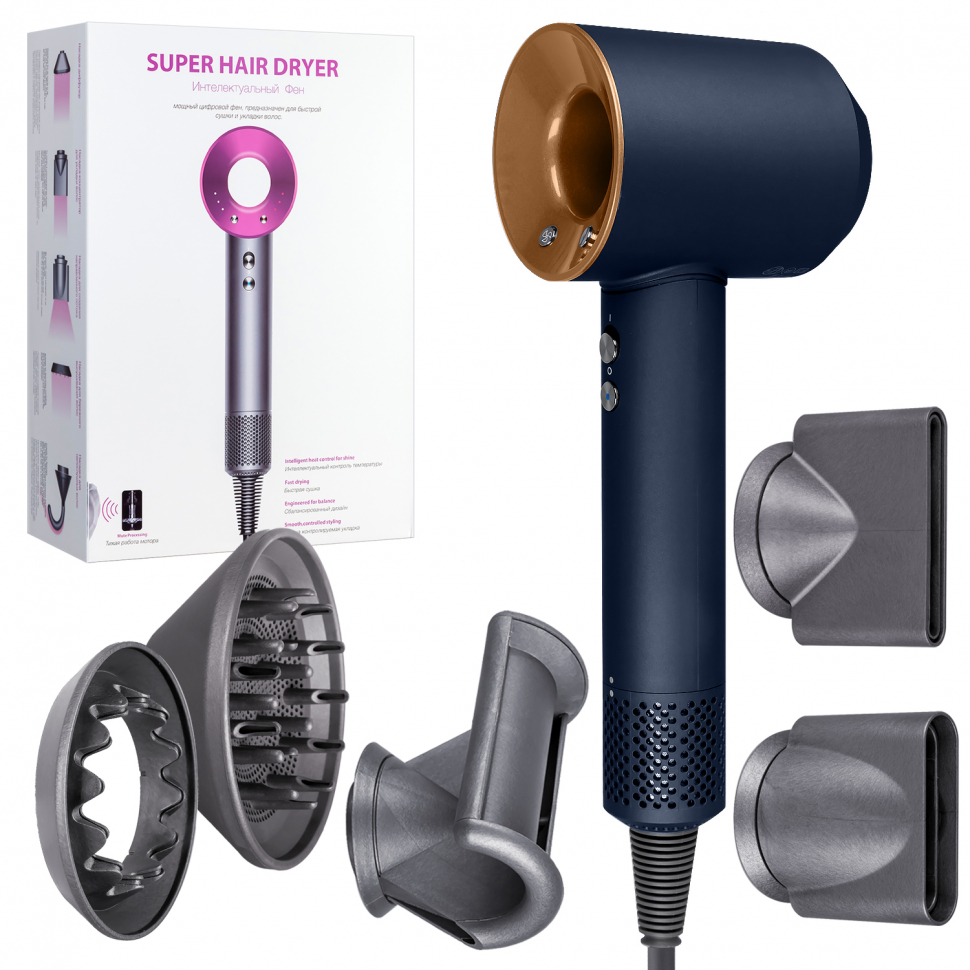 Набор фен SUPER HAIR DRYER Синий с золотом (6 в 1) 3м (10шт/кор)