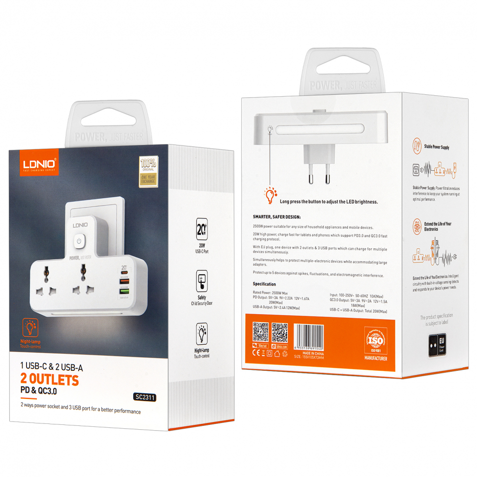 Переходник на 2 розетки + 2 USB + Type-C 3.A 1 SC2311 LDNIO (50шт/кор)