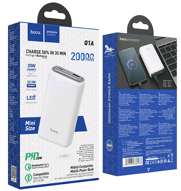 Внешний аккумулятор Q1A 20000 mah 3A Kraft светодиодный дисплей HOCO Белый
