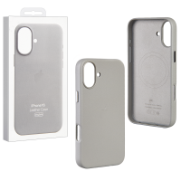 Чехол iPhone 16 Leather Case  (MagSafe) c LOGO Light Grey