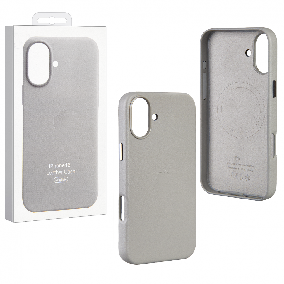 Чехол iPhone 16 Leather Case  (MagSafe) c LOGO Light Grey