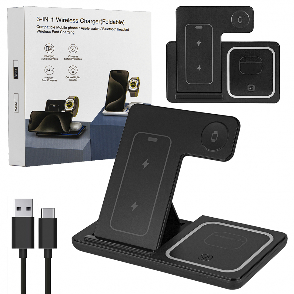 Беспроводное зарядное устройство 3 в 1 F187 15W Черное (50 шт/кор)