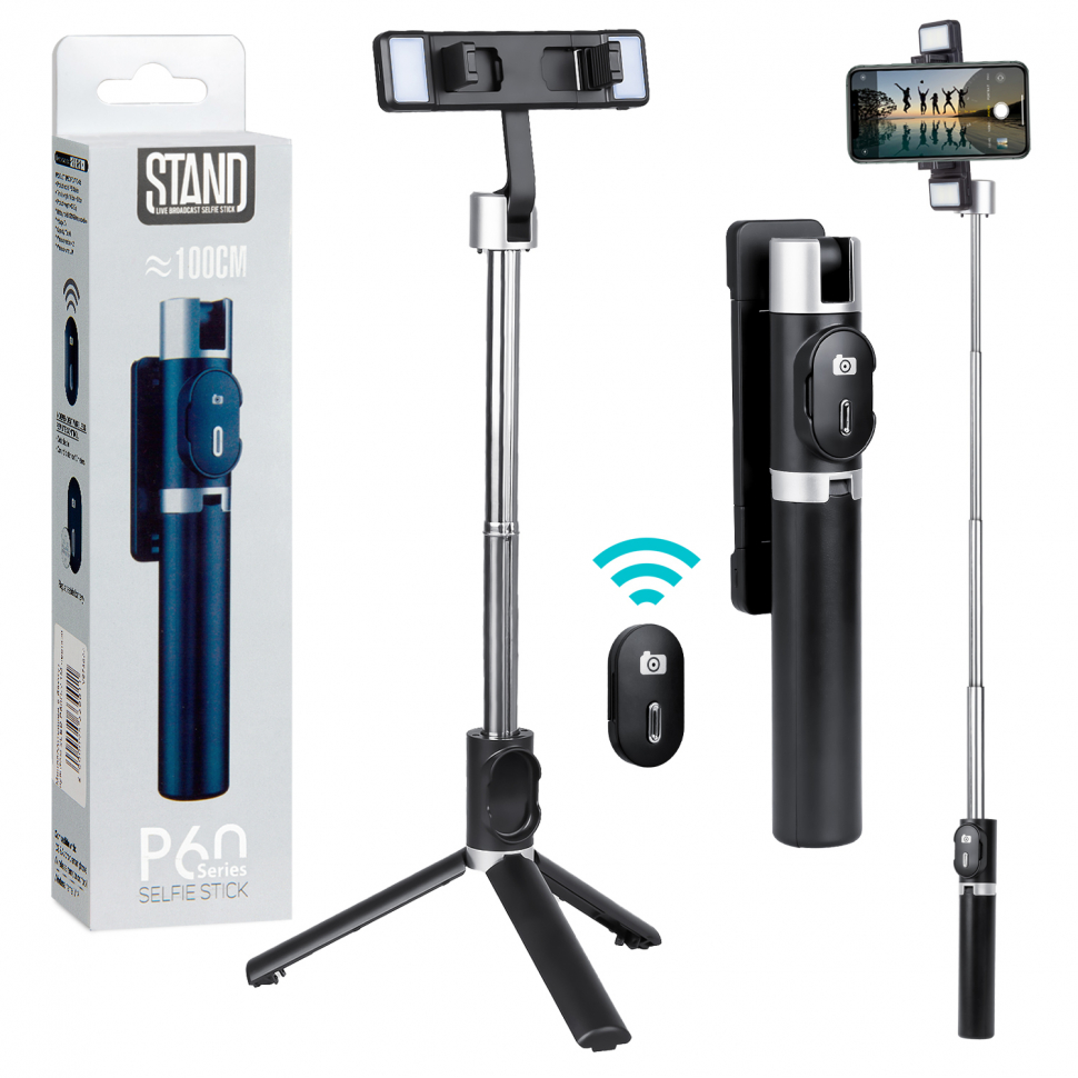 *Монопод-трипод с блютуз пультом 2LED P60D-2 1M черный (100 шт/кор)