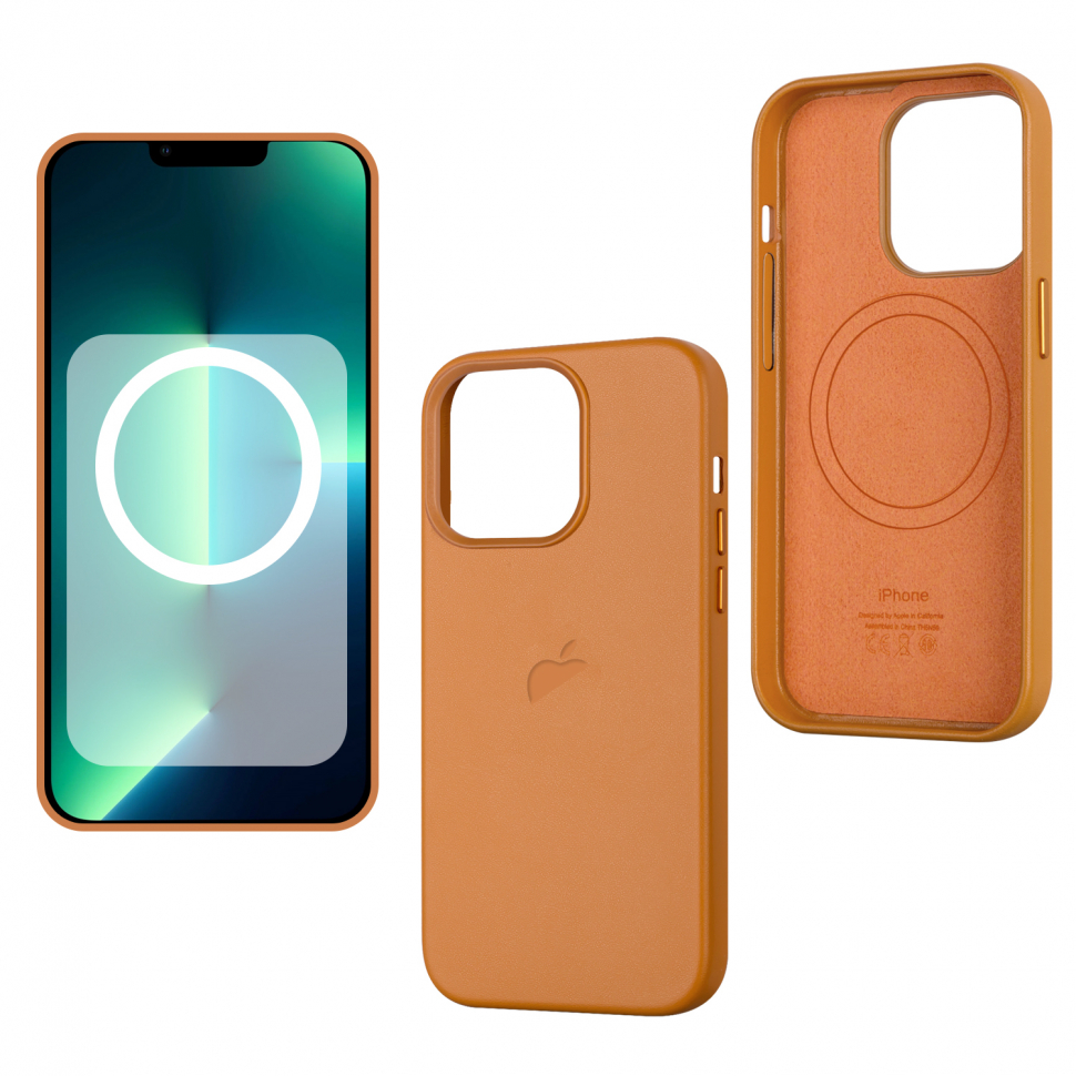 Чехол iPhone 13 Pro Leather Case  Golden Brown (MagSafe + анимация NFC) c LOGO
