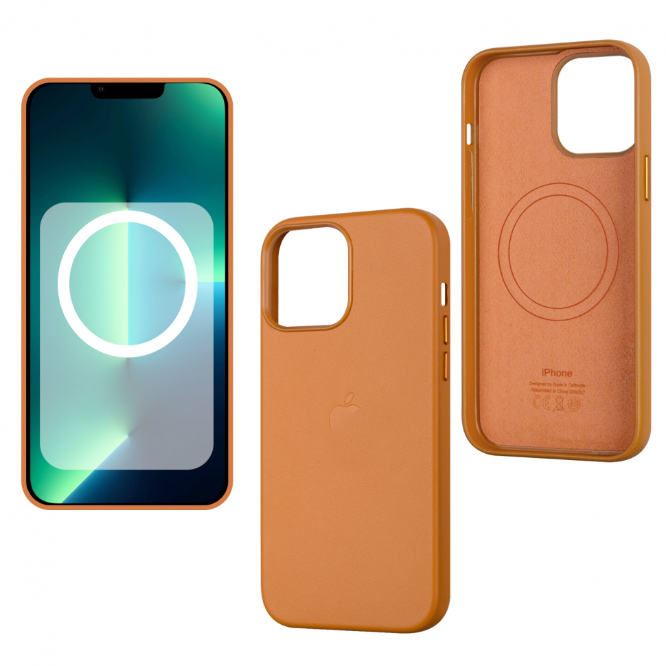 Чехол iPhone 13 Pro Max Leather Case  Golden Brown (MagSafe + анимация NFC) c LOGO