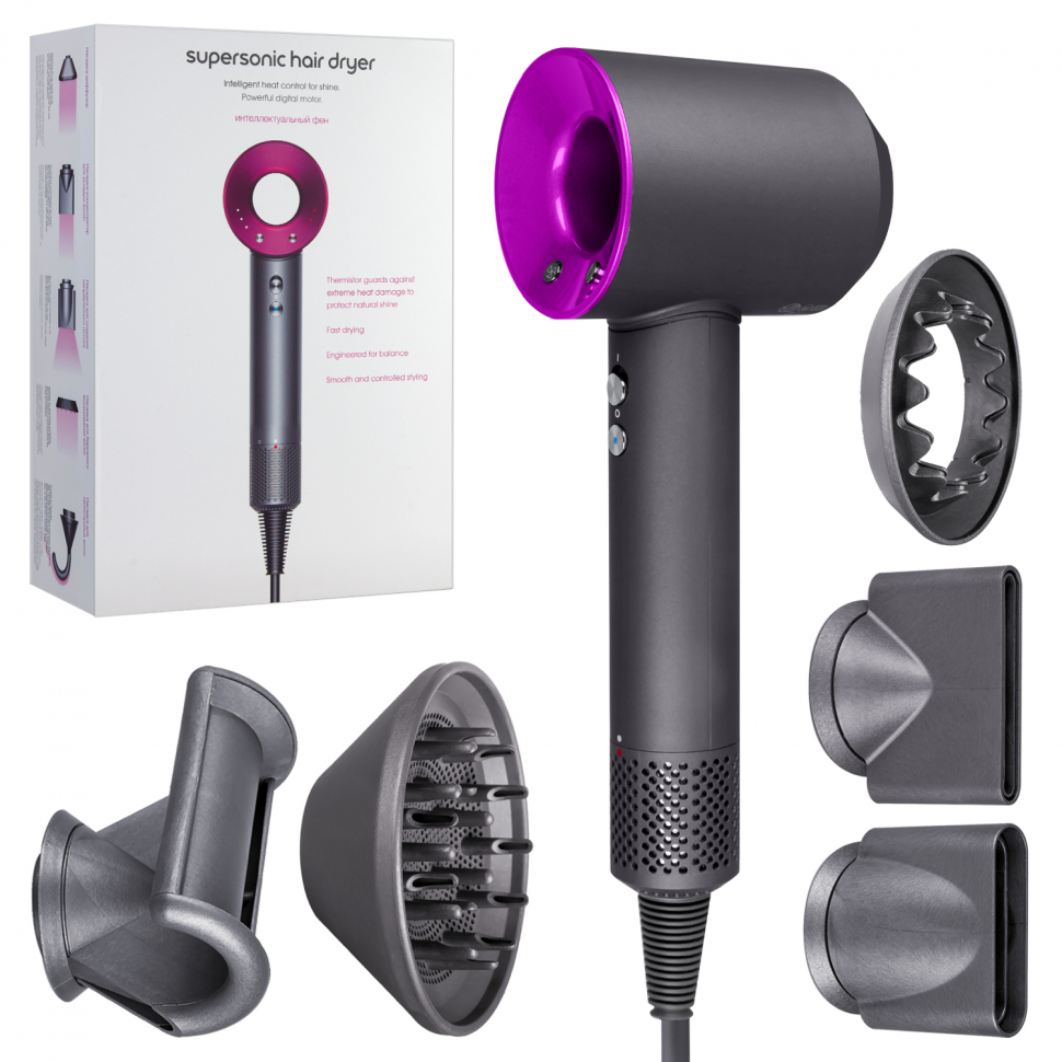 Набор фен supersonic Серый с фиолетовым (6 в 1) 3M