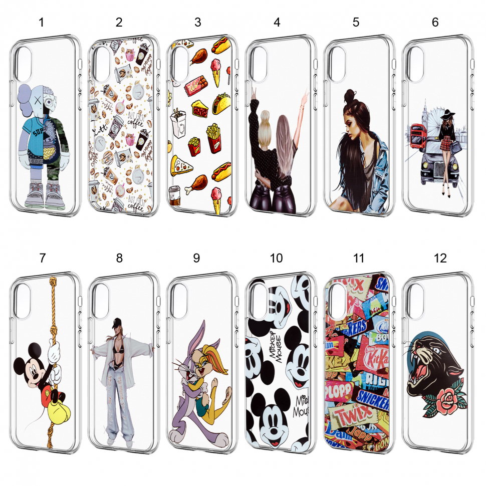 Чехол iPhone X прозрачный TPU 1.2 мм с принтами в ассортименте