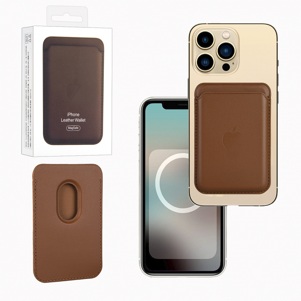 Чехол Leather Wallet Saddle Brown iPhone 12 - 15 Pro Max (Анимация NFC Clear) с лого