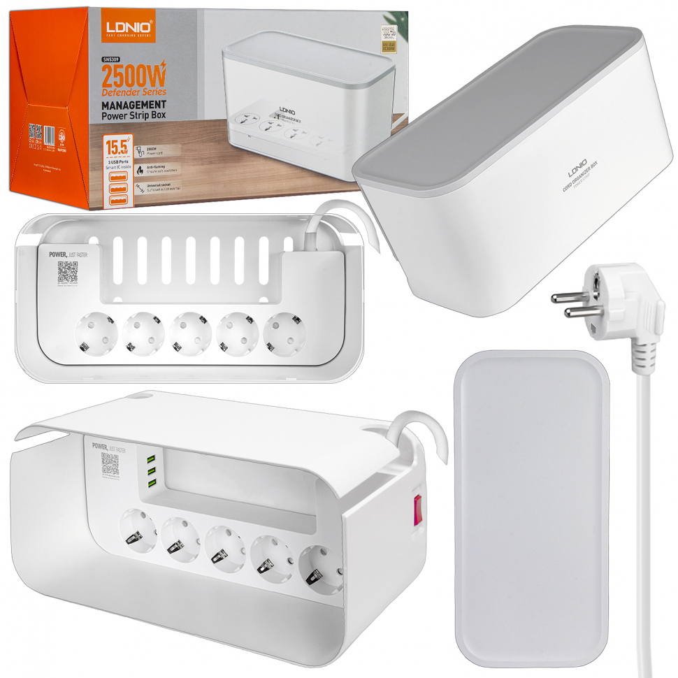 Сетевой фильтр на 5 розеток + 3 USB 2M 2500W (SN5311) LDNIO европейская розетка (12шт/кор) (возможно отличие в конструкции корпуса)