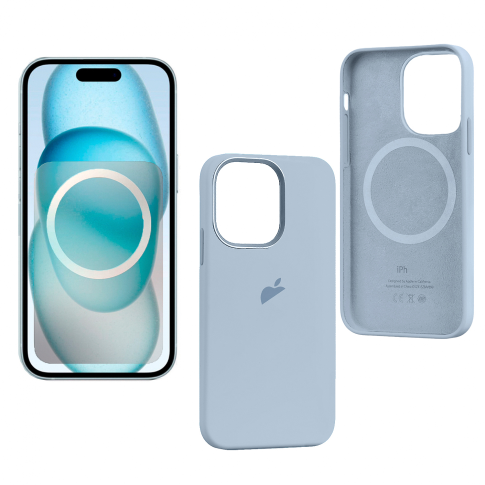 Чехол iPhone 15 Pro Max Silicon Case  (MagSafe + анимация NFC) c LOGO Light Blue