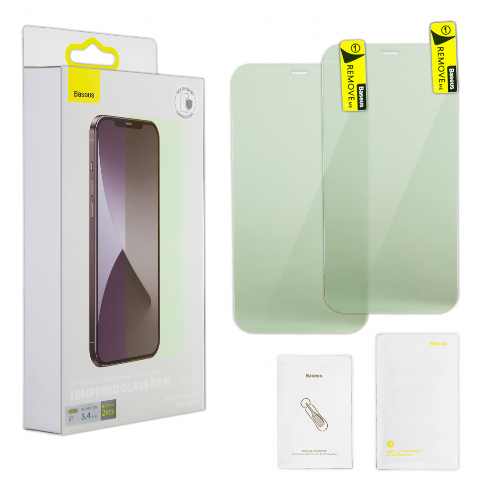 Защитное стекло iPhone 12 Mini (5.4) Baseus Block Harmful Green Light Glass 0.15mm 2 шт