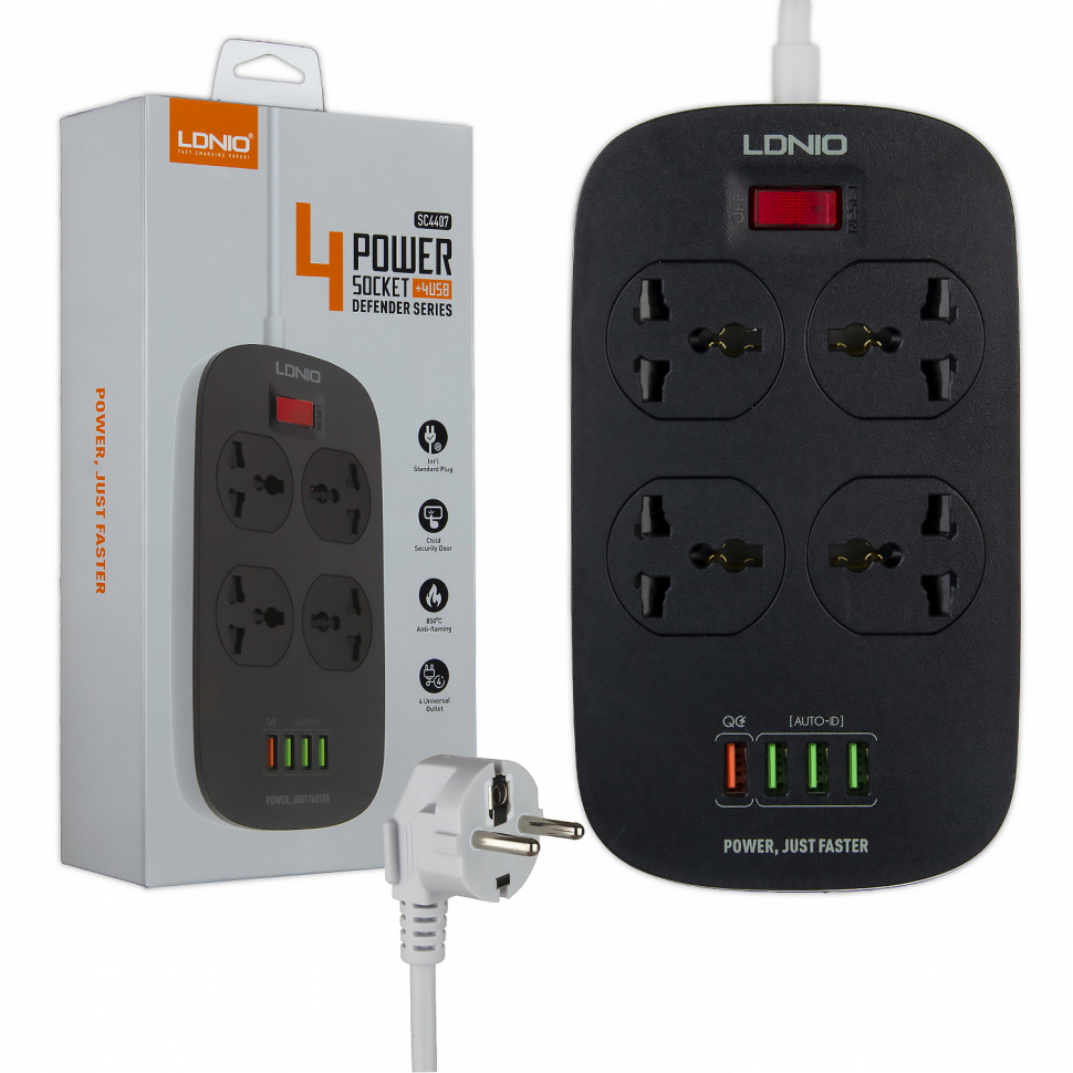 Сетевой фильтр на 4 розетки + 4USB SC4407 EU LDNIO черный
