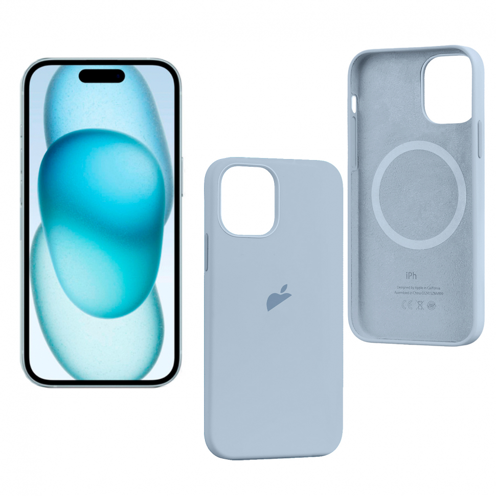 Чехол iPhone 15 Silicon Case  (MagSafe + анимация NFC) c LOGO Light Blue