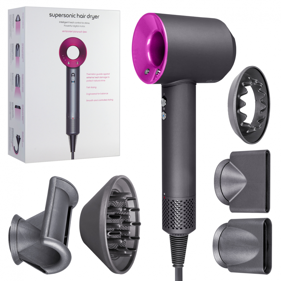Набор фен supersonic Серый с розовым ( 6 в 1) 1.8м