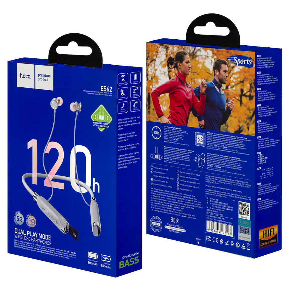 Наушники ES62 Bluetooth Sport Earphone HOCO светло-серые (с поддержкой карты Micro SD)