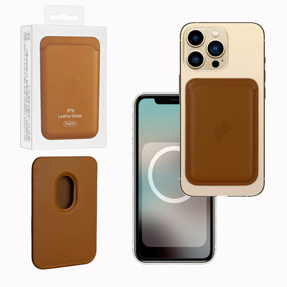 Чехол Leather Wallet Golden Brown iPhone 12 - 15 Pro Max (Анимация NFC Clear) с лого
